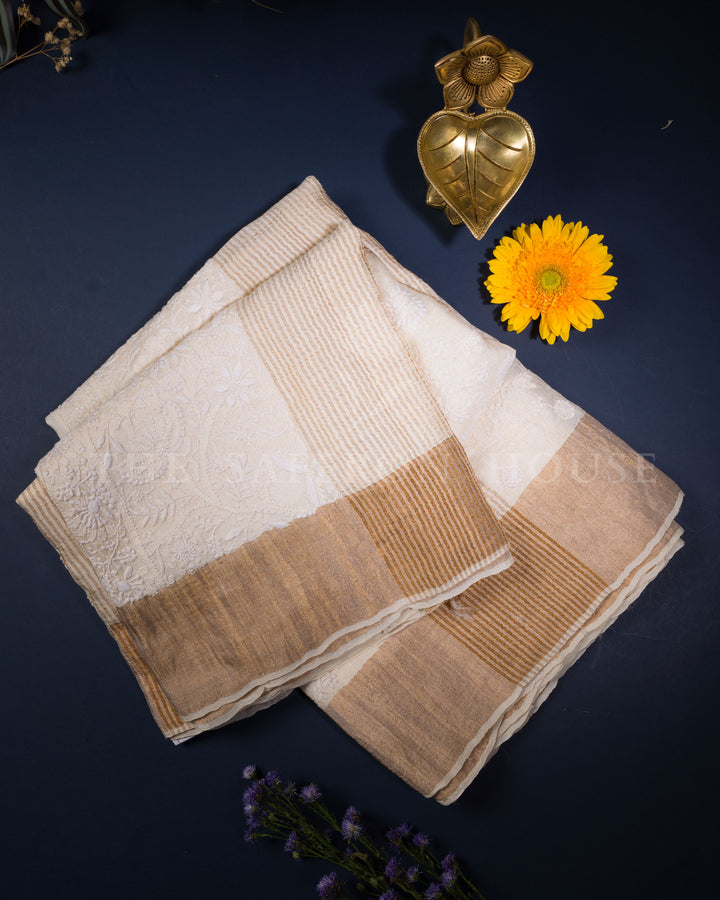 Ivory Desi Tussar Silk Chikankari Saree - TSH250571