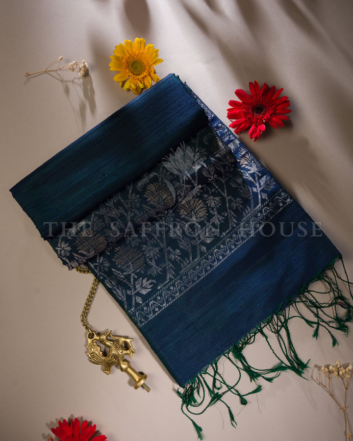 Midnight Blue Tussar Soft Silk Saree with Silver Zari Floral Border and Pallu - TSH6056