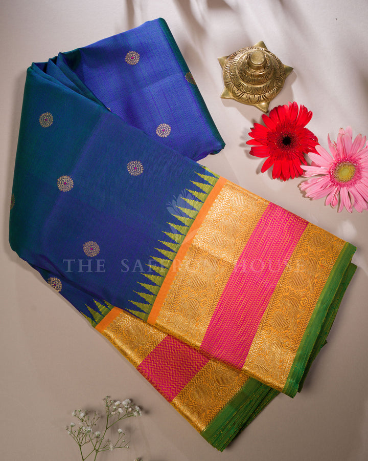 Royal Blue, Turmeric Yellow And Pink Handwoven Kanjivaram Silk Saree - TSH250047