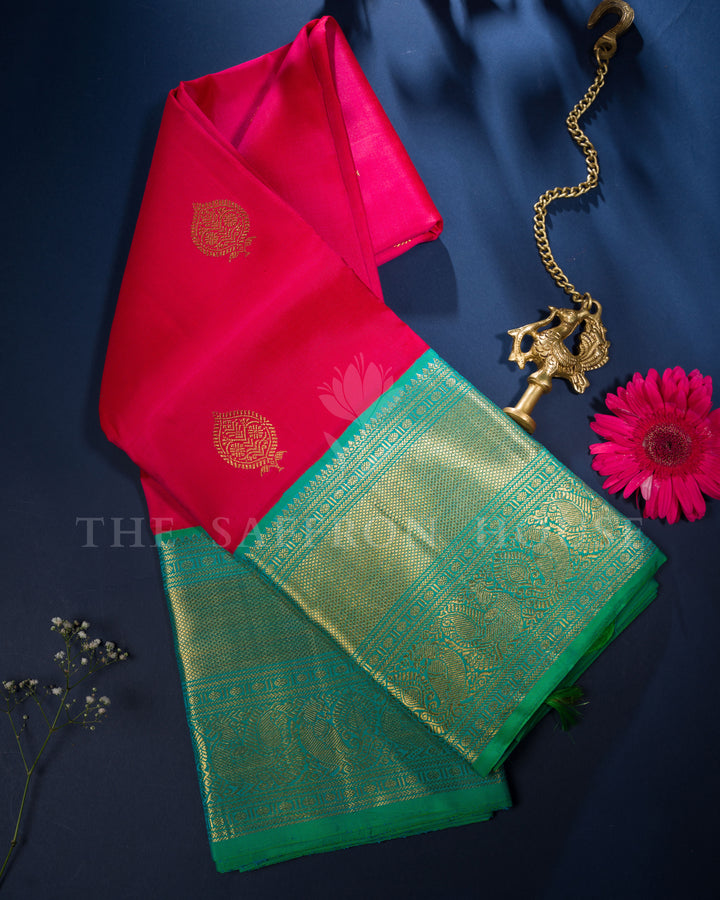 Deep Raspberry Pink And Sea Green Handwoven Kanjivaram Silk Saree - TSH250294