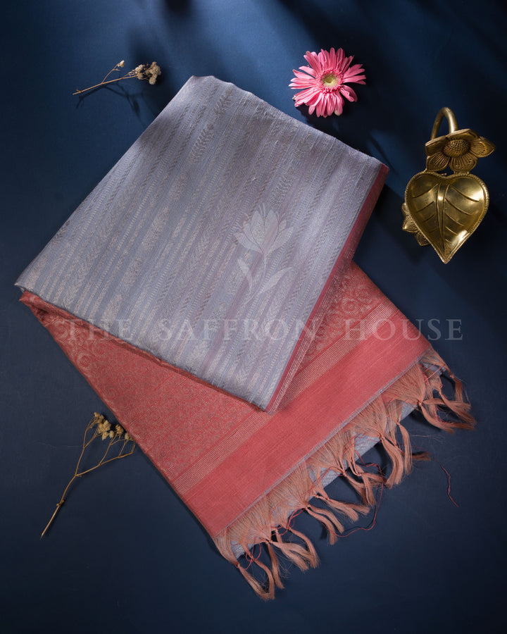 Sky Grey Tussar Soft Silk Saree with Rose Red Contrast Pallu - TSH6052