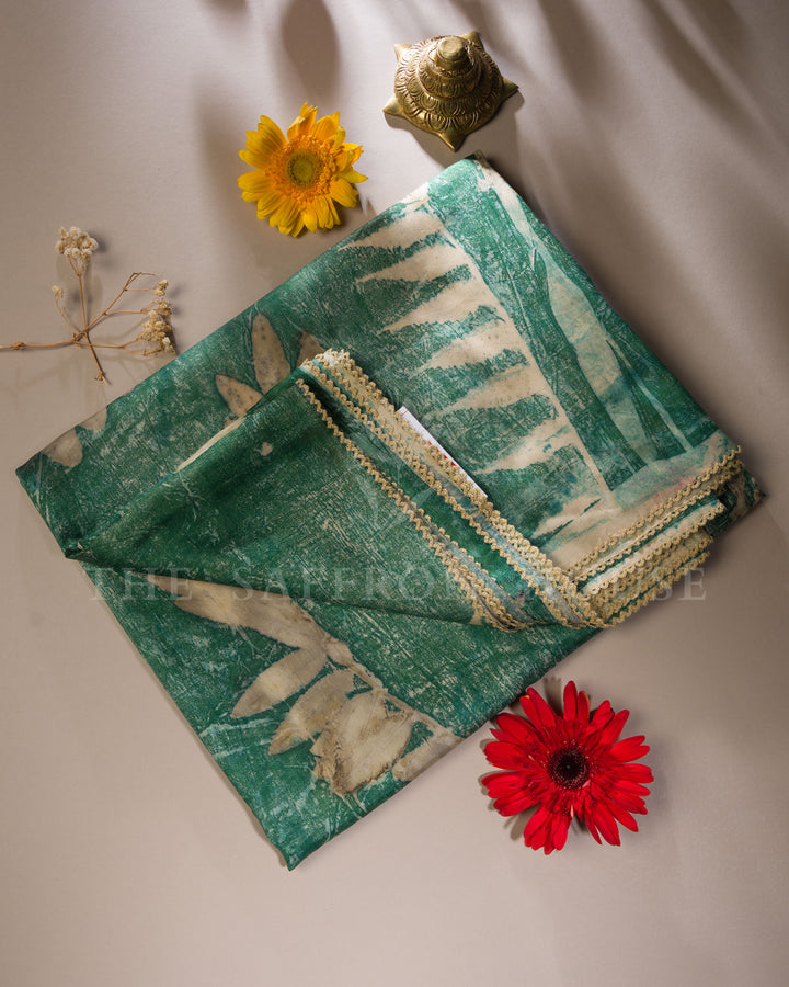 Forest Green Eco-Printed Mulberry Silk Saree - TSH250581
