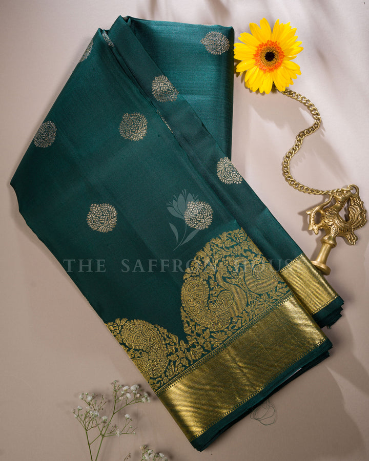 Bottle Green Handwoven Korvai Kanjivaram Silk Saree - TSH250019