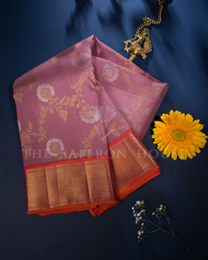 Dusty Mauve and Scarlet Orange Handwoven Kanjivaram Silk Saree - TSH250089