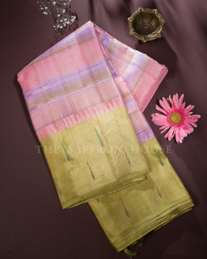 Blush Pink, Lavender And Olive Green Handwoven Kanjivaram Silk Saree - TSH250100