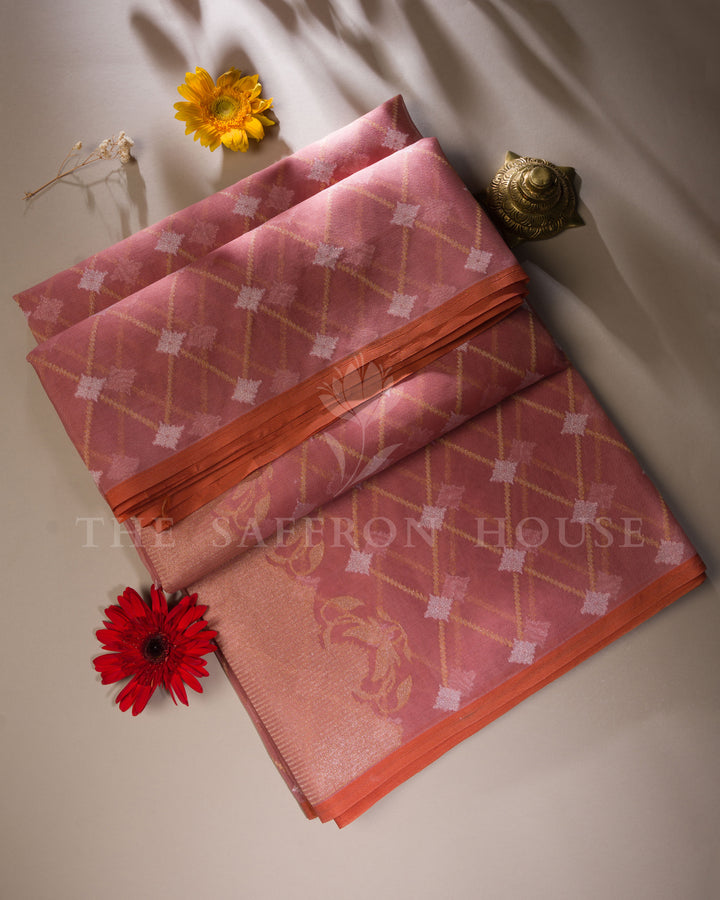 Dusty Rose Handwoven Cotton Silk Kora Banarasi Saree - TSH250551