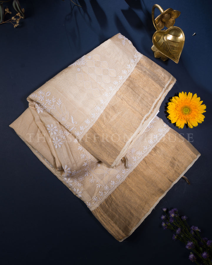 Beige Tussar Silk Chikankari Saree - TSH250533