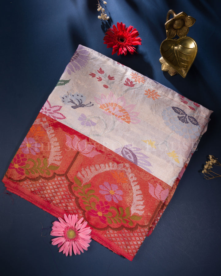 Ivory And Red Handwoven Pure Zari Kota Doria Saree with Meenakari Work - TSH000006