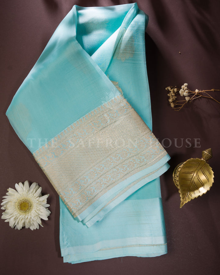 Icy Blue Handwoven Kora Banarasi Saree - TSH000043