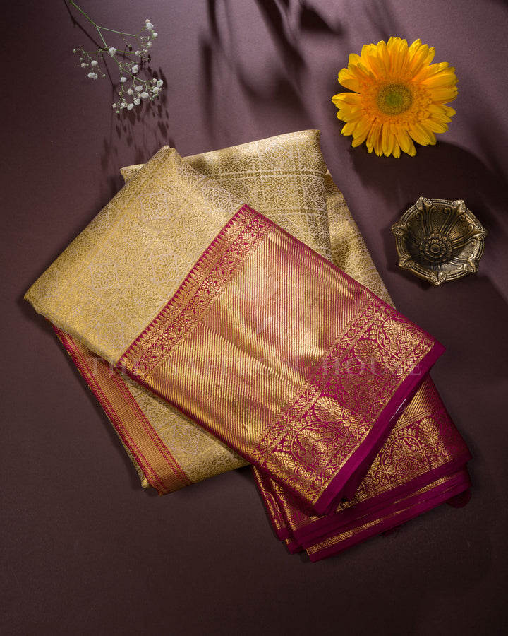 Handloom Kanjivaram Tissue Silk Saree in Gold And Rasberry Pink - TSH250247