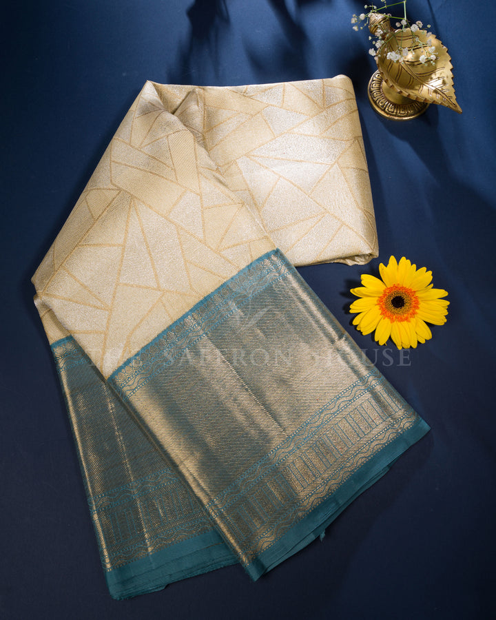 Creamy Beige And Teal Blue Handwoven Kanjivaram Silk Saree - TSH250003