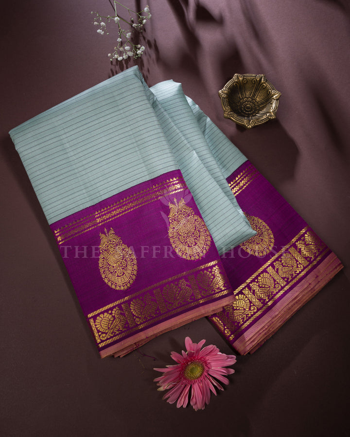 Powder Blue And Magenta Handwoven Kanjivaram Silk Saree - TSH250028