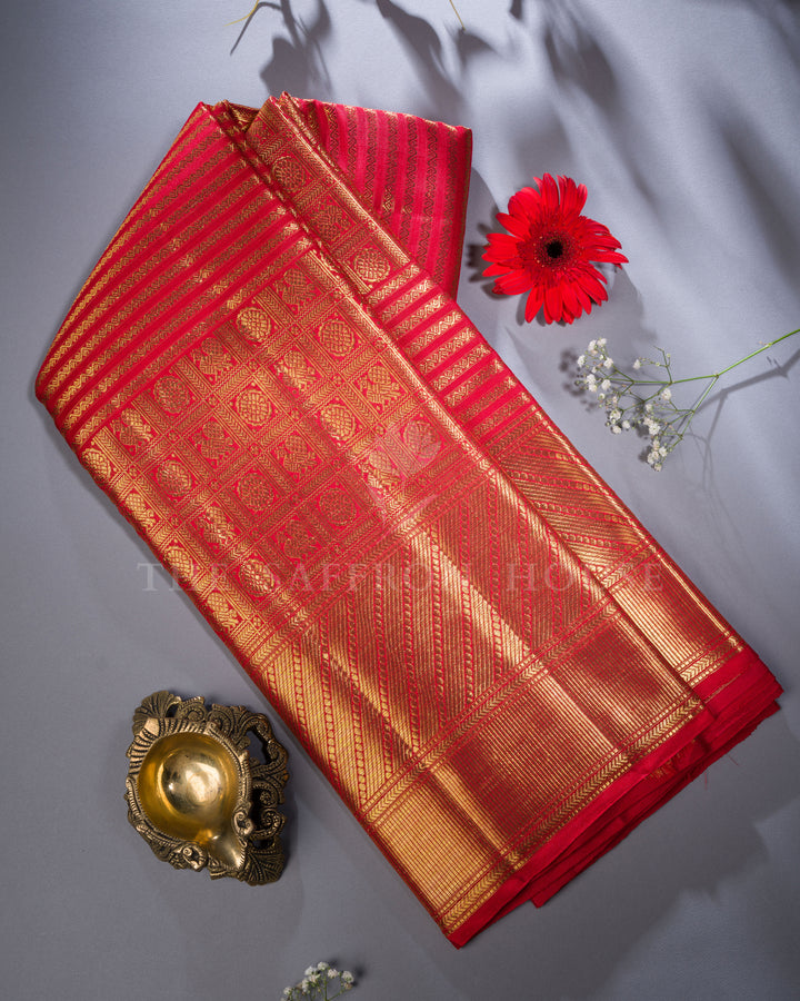 Handloom Bridal Kanjivaram Silk Saree in Vermilion Red  - TSH250107