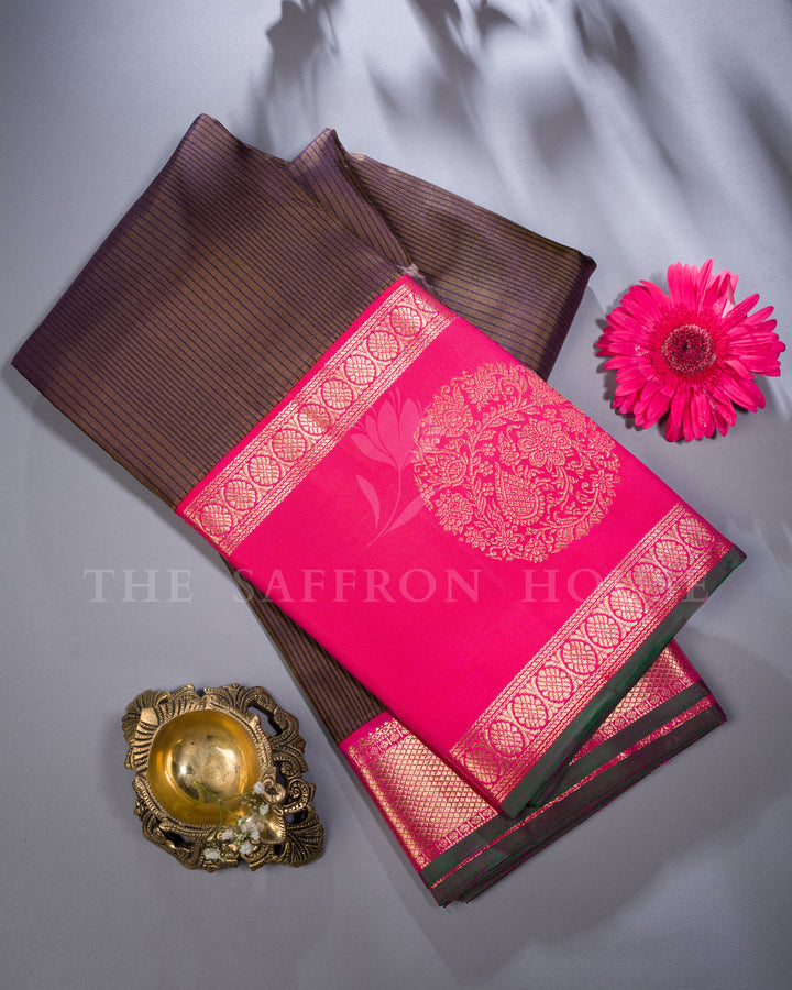 Brown And Rani Pink Handwoven Pure Kanjivaram Silk Saree - TSH250167