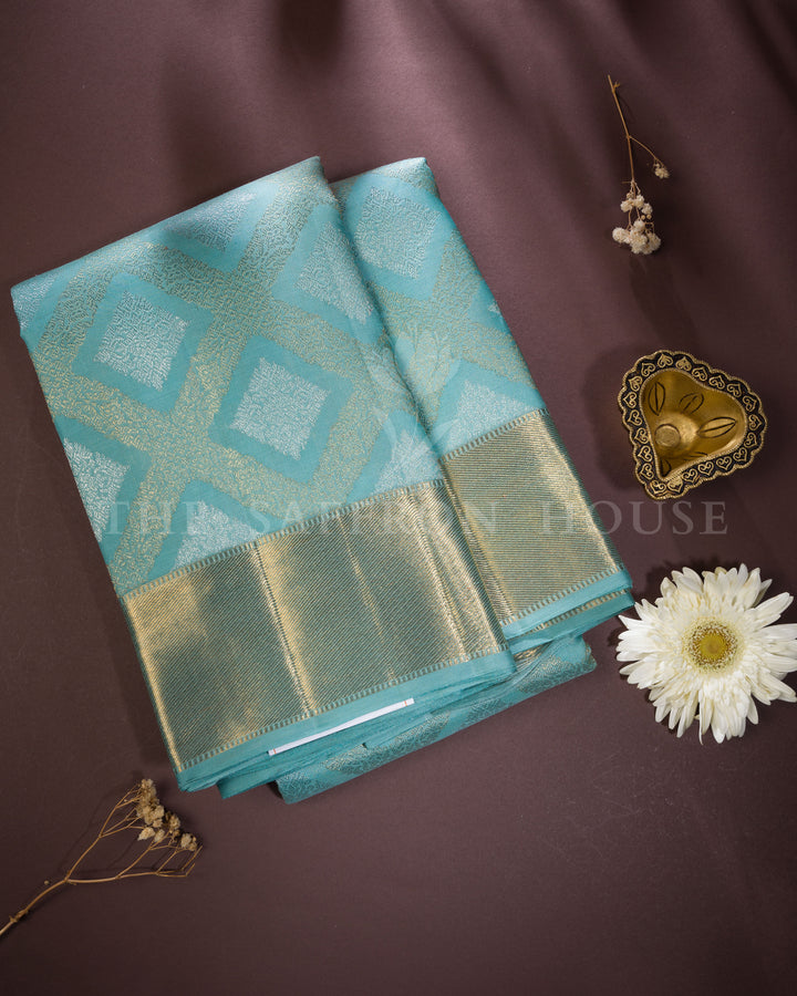 Pure Zari Kora Kanchivaram Saree in Powder Blue with Gold Border - TSH250020