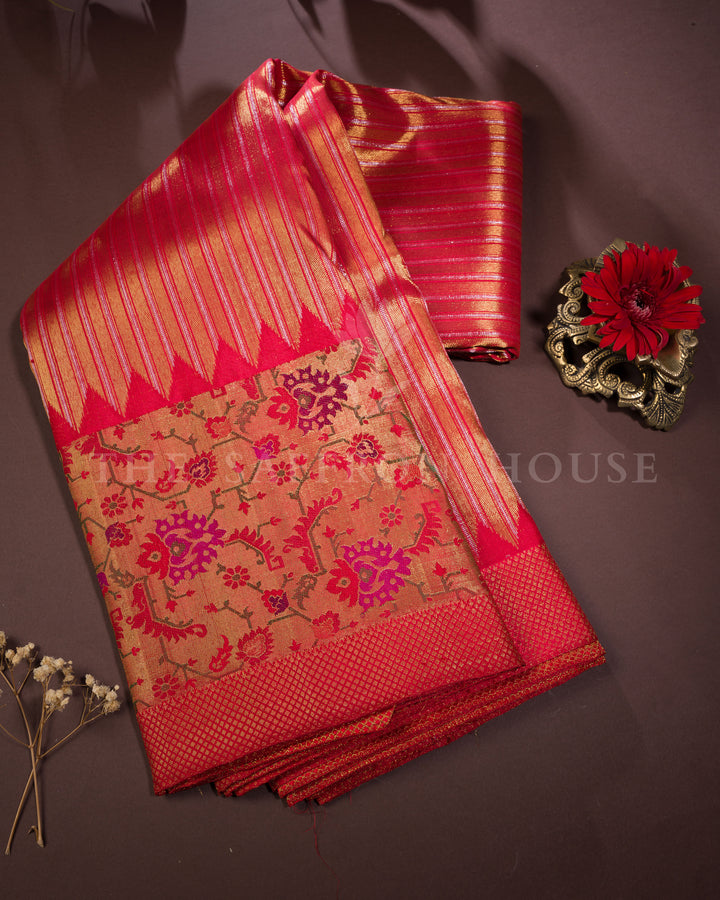 Chilli Red Handwoven Kanjivaram Silk Saree With Paithani Border - TSH250172