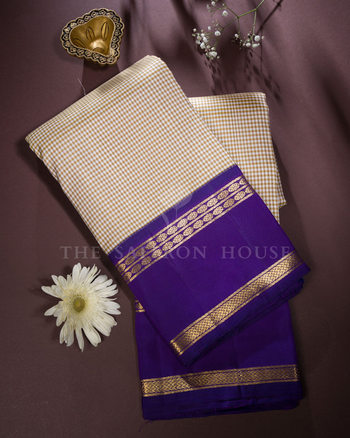 Handloom Kanjivaram Silk Saree in Beige And Violet - TSH250054