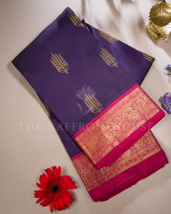 Deep Aubergine And Rani Pink Handwoven Kanjivaram Silk Saree - TSH000046
