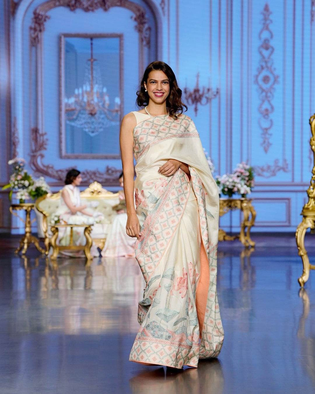 Ivory Blush Kanjivaram Silk Saree with Hand-Painted Florals - Blooming Heiress - Look 6