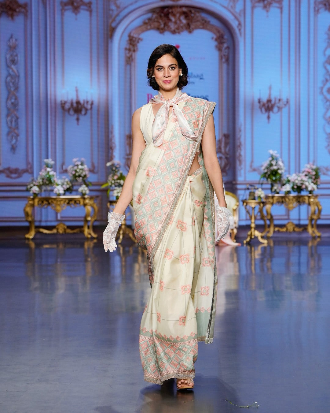 Ivory Sage Kanjivaram Silk Saree with Geometric Border - Blooming Heiress - Look 5
