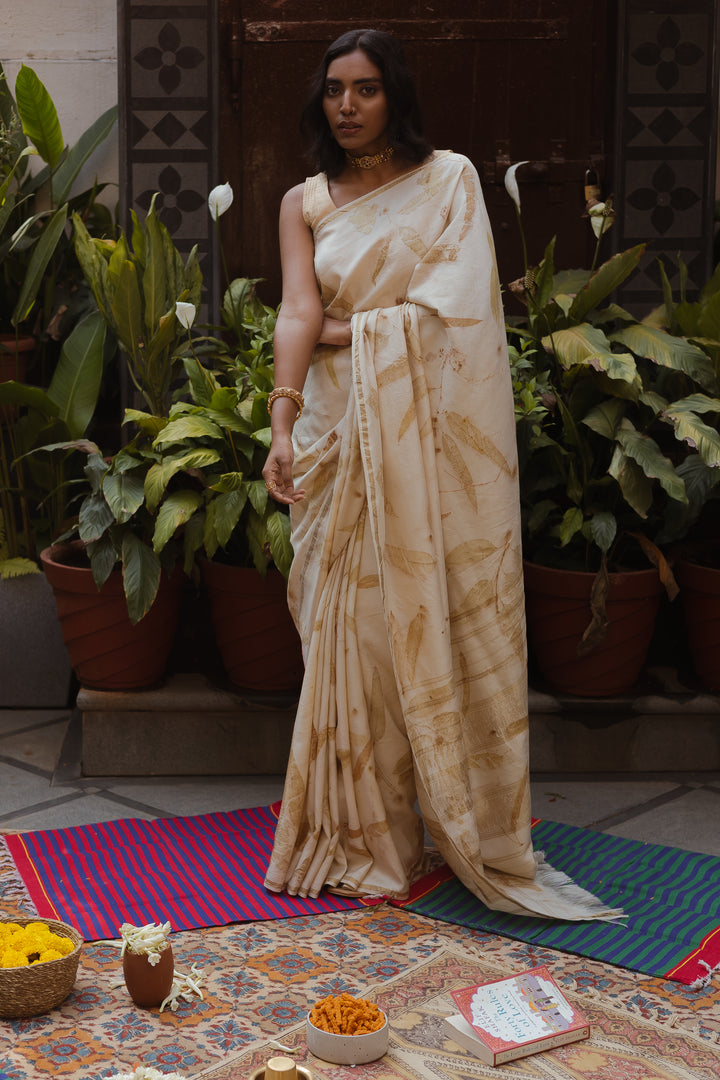 Ivory Eco-Printed Pure Kanjivaram Silk Saree