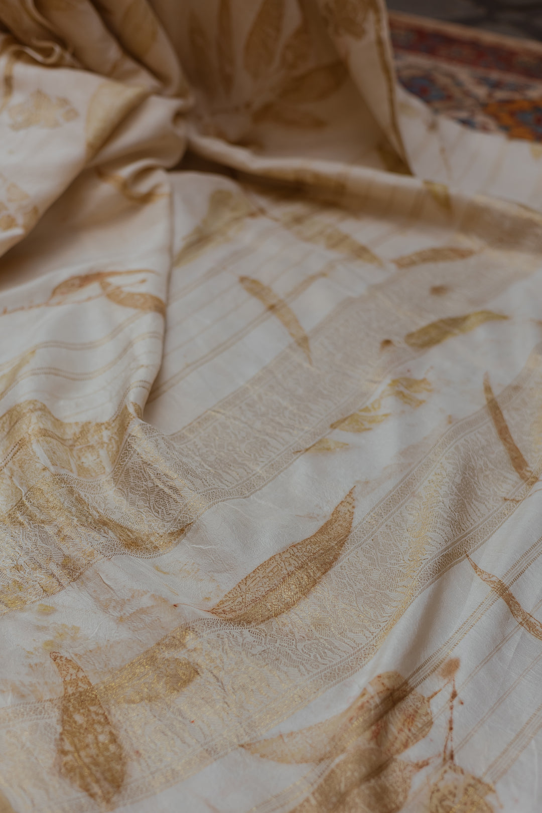 Ivory Eco-Printed Pure Kanjivaram Silk Saree
