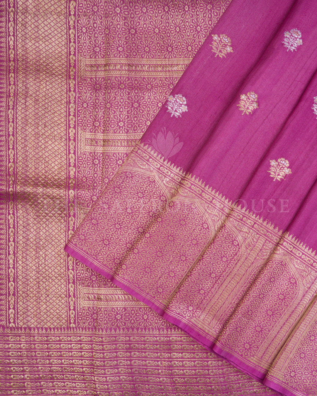 Magenta Banarasi Tussar Georgette Saree with Floral Jaal & Minar Border – Handwoven Zari Elegance