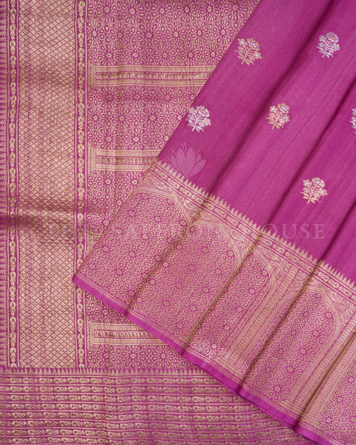 Magenta Banarasi Tussar Georgette Saree with Floral Jaal & Minar Border – Handwoven Zari Elegance