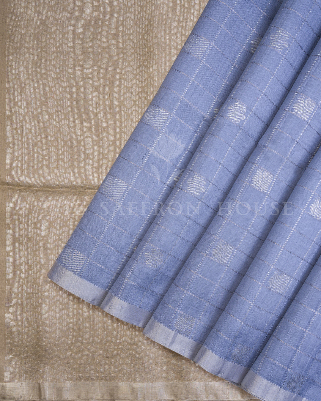 Powder Blue Tussar Soft Silk Saree with Zari Checks & Gold Border - TSH6061