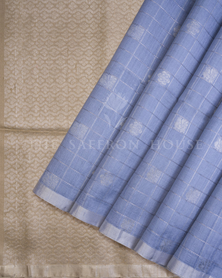 Powder Blue Tussar Soft Silk Saree with Zari Checks & Gold Border - TSH6061