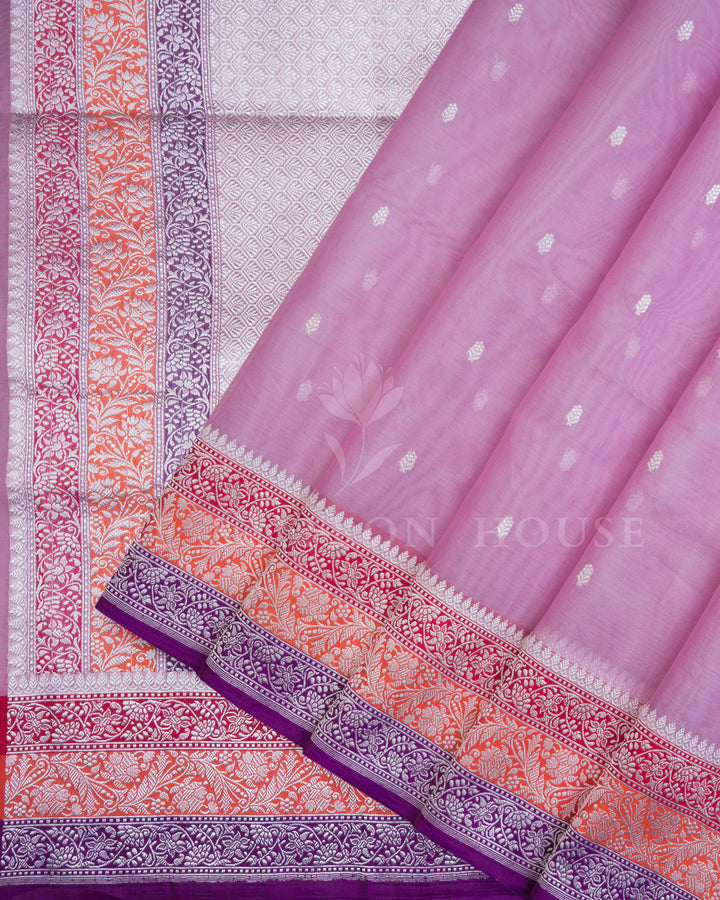 Kora Banaras Saree in Lilac with Multicolor Zari Floral Border & Meena Pallu - TSH250511