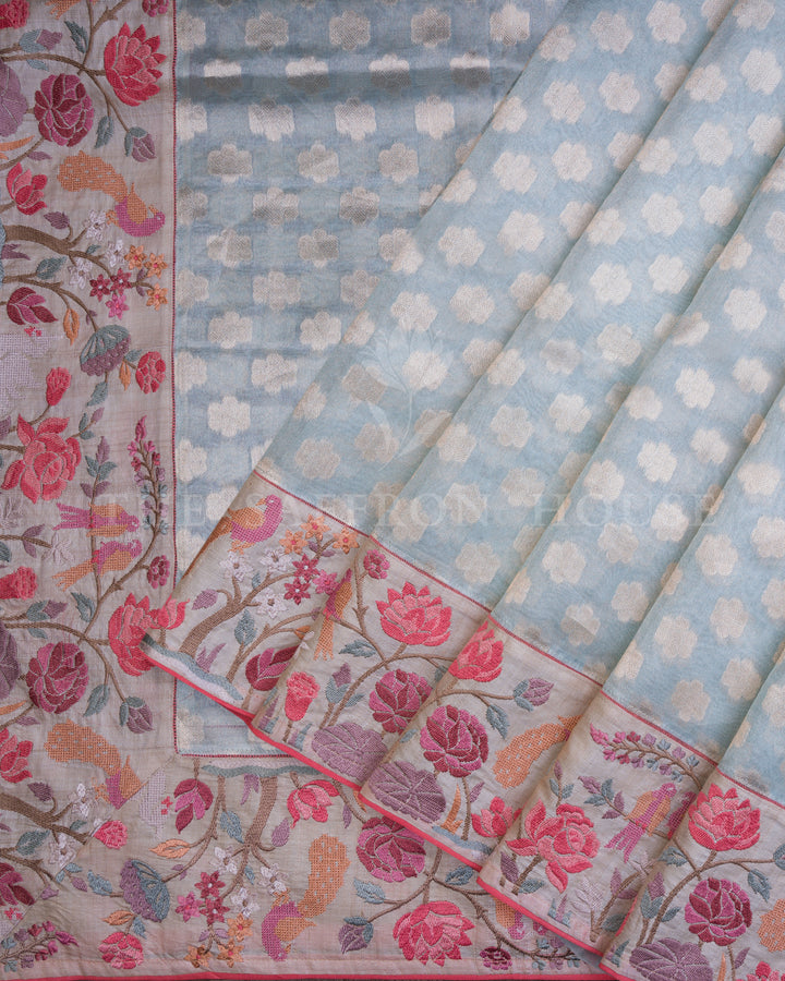 Pastel Blue Banarasi Saree with Floral Zari Butis and Fine Embroidered Border - TSH00017