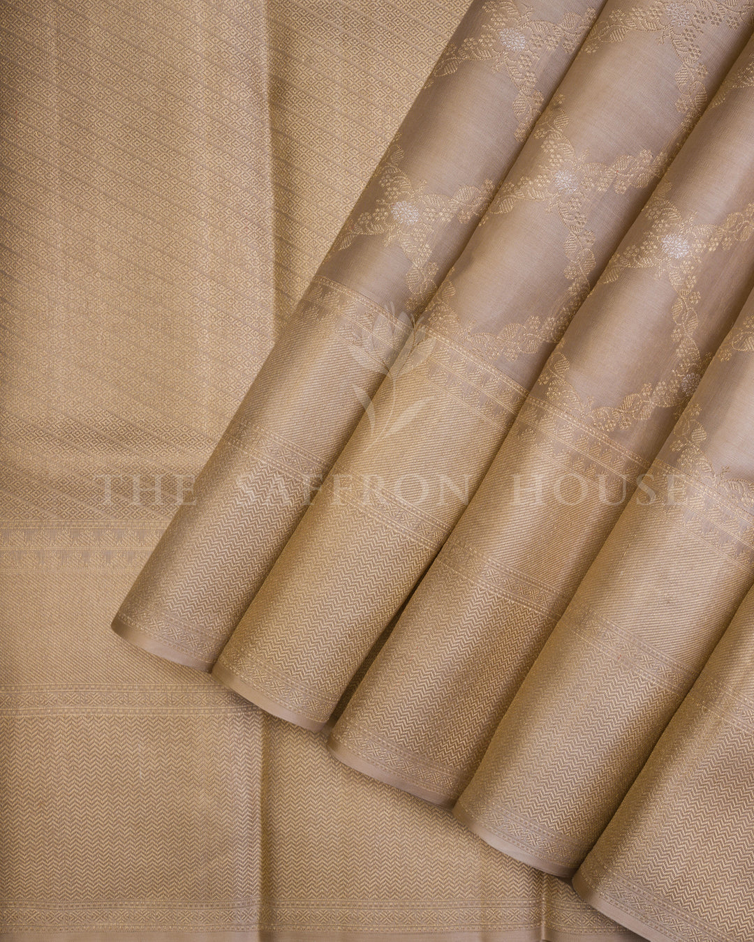 Pastel Gold Pure Zari Kora Kanchipuram Saree with Chevron Border & Floral Jaal - TSH250017