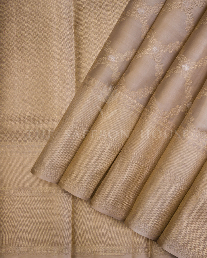Pastel Gold Pure Zari Kora Kanchipuram Saree with Chevron Border & Floral Jaal - TSH250017