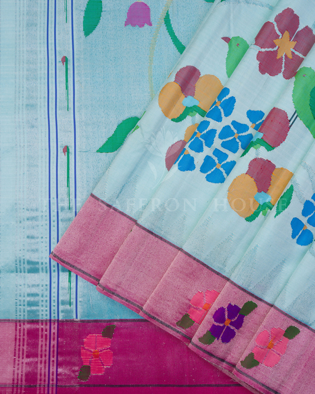 Sky Blue Pure Handloom Paithani Saree with Allover Floral & Hansa Motifs