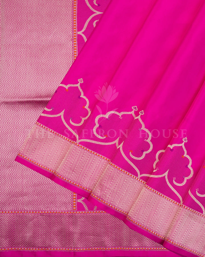 Elegant Fuchsia Mashru Banarasi Saree with Chevron Zari Borders