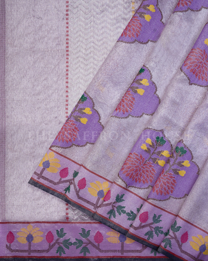 Pure Zari Kora Saree in Lilac with Resham Woven Floral Medallions