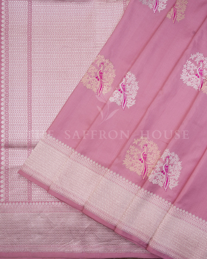 Katan Meenakari Banarasi Saree in Dusty Rose with Handwoven Mayur Jaal