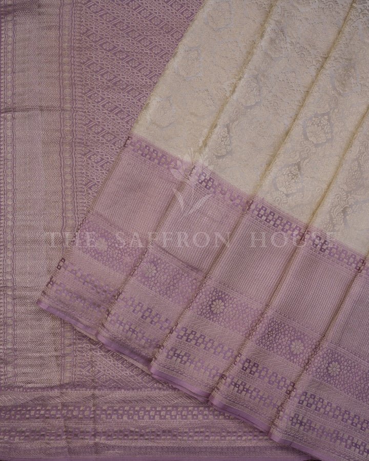 Banarasi Brocade Georgette Saree in Ivory and Lavender with Floral Jaal