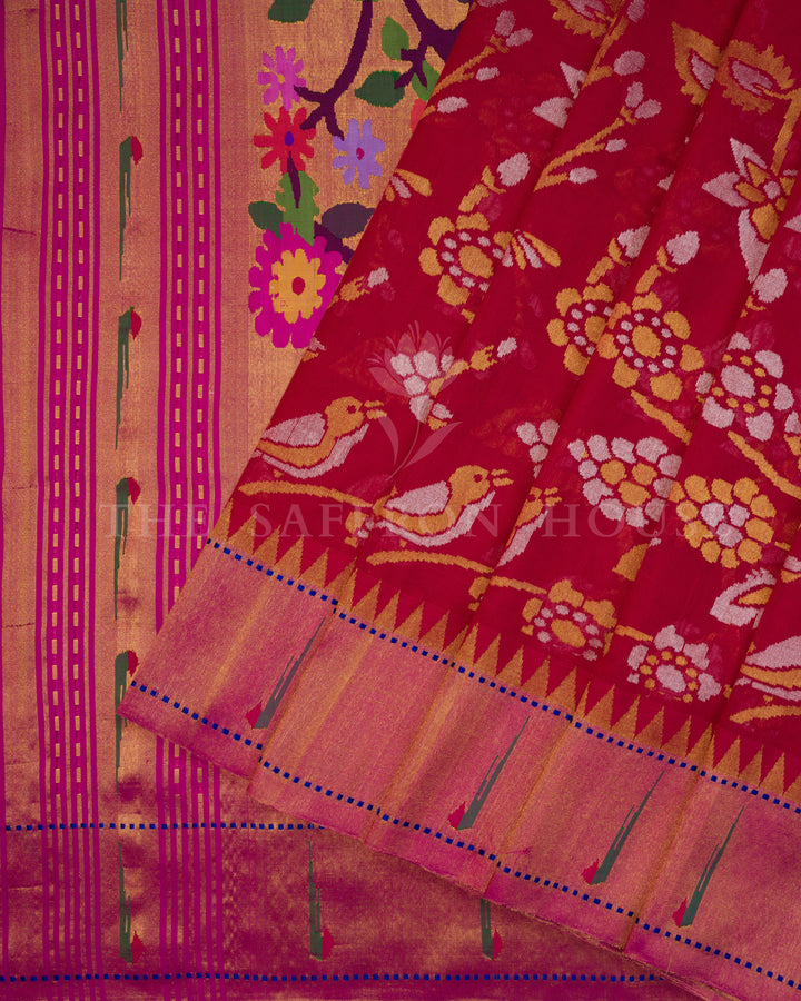 Crimson Uppada Jamdani Saree with Paithani Muniya Border and Floral Vine Pallu