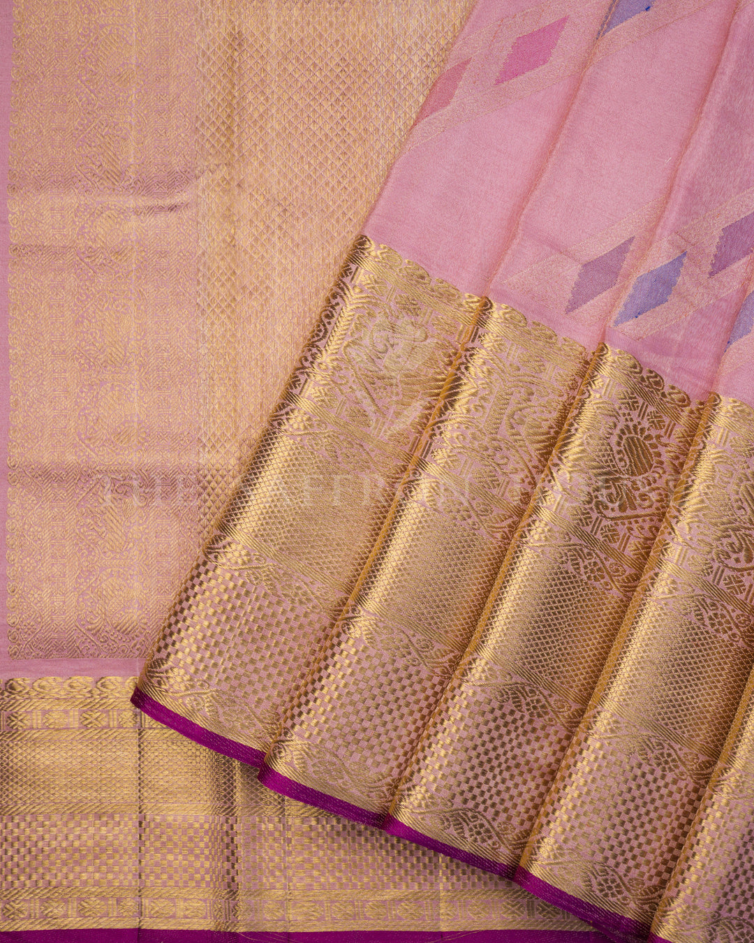 Blush Pink Tissue-Infused Kanchipuram Silk Saree with Mayil Motif Border