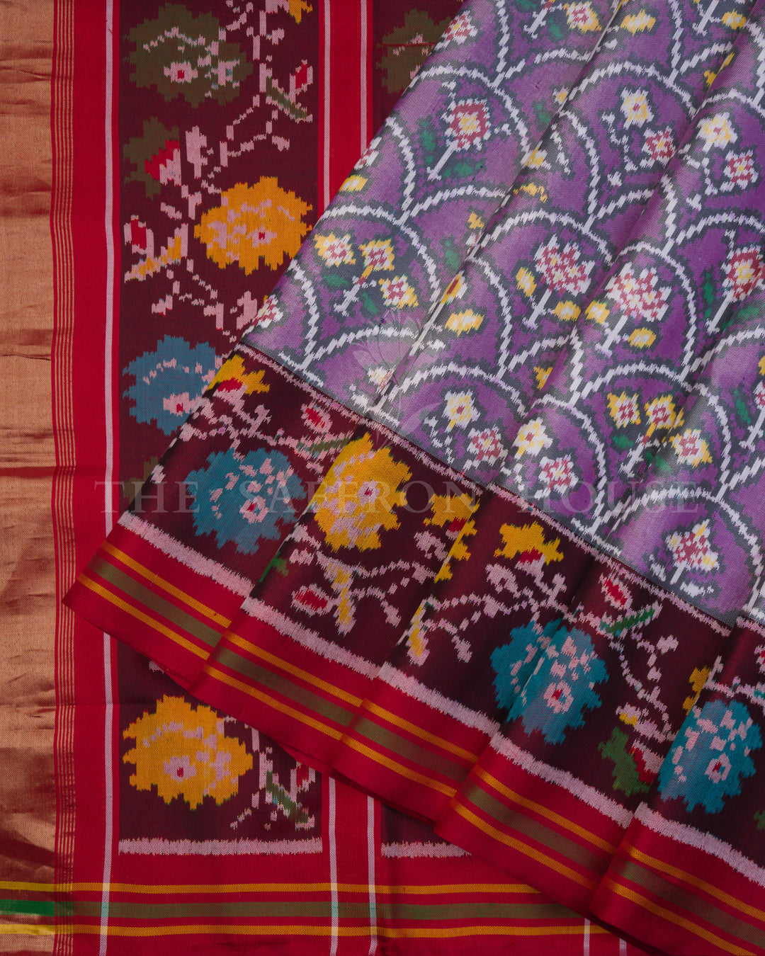 Violet Rajkot Single Ikat Patola Saree with Floral Kunjar Bhat & Nari Borders - TSH6010