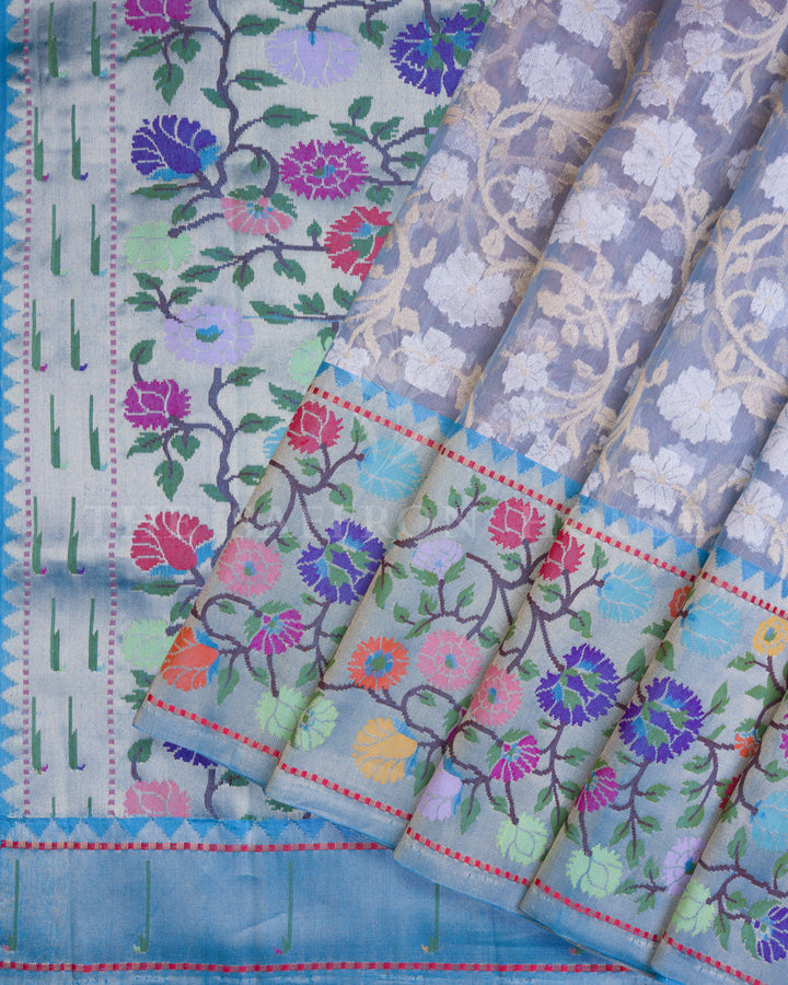Steel Blue Kora Banarasi Saree with Meenakari Floral Jaal & Paithani-Inspired Border – Handwoven Elegance