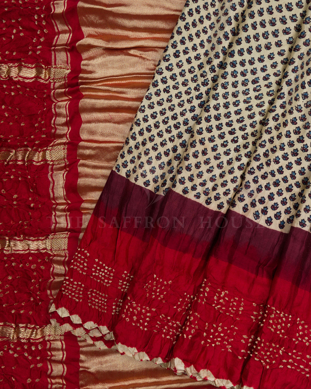 Light Beige And Maroonish Red Bandhini Modal Silk Saree - TSH5029