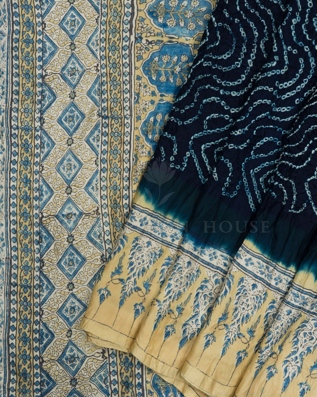 Navy Blue And Light Golden Yellow Bandhini Modal Silk Saree - TSH5070
