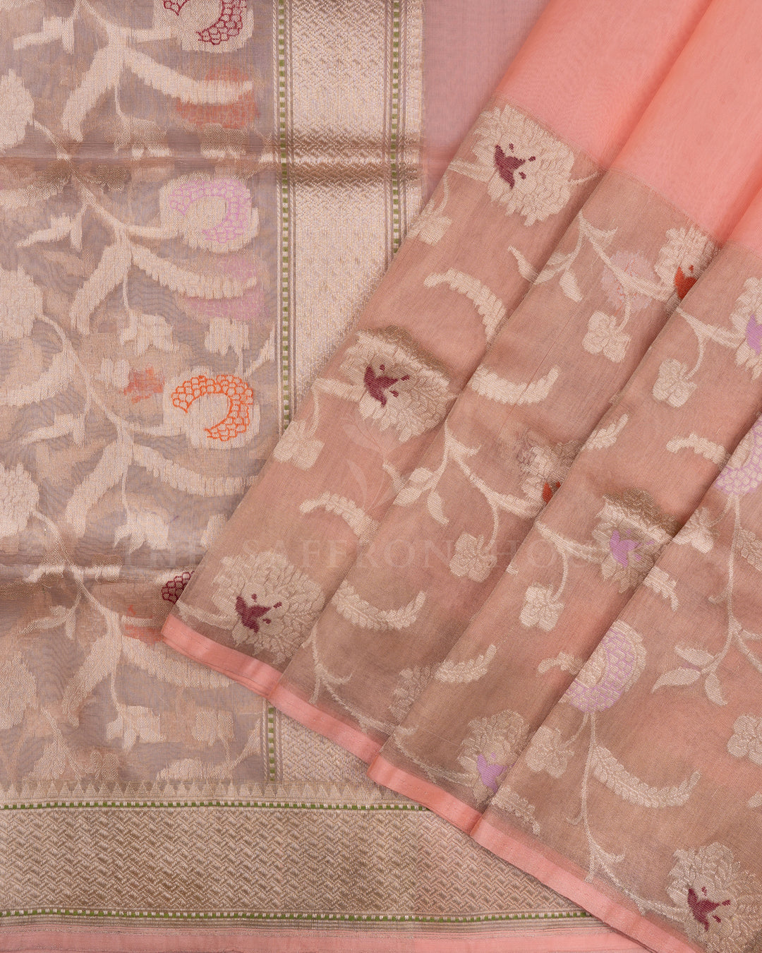Peach And Gold Handwoven Organza Banarasi Saree - TSH2506168