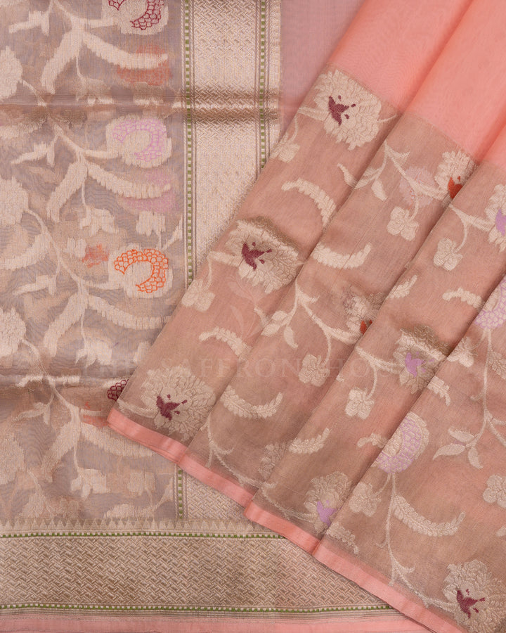 Peach And Gold Handwoven Organza Banarasi Saree - TSH2506168