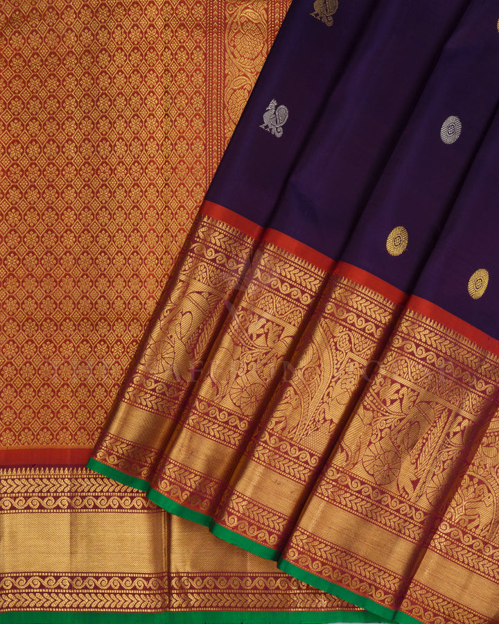 Purplish Blue And Rust Orange Handwoven Kanjivaram Silk Saree - TSH2506001