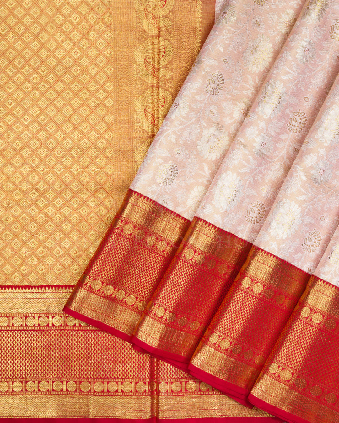 Soft Peach Pink And Red Handwoven Kanjivaram Silk Saree - TSH2506049