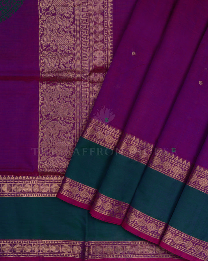Magenta Purple And Peacock Green Cotton Silk Saree - TSH110021